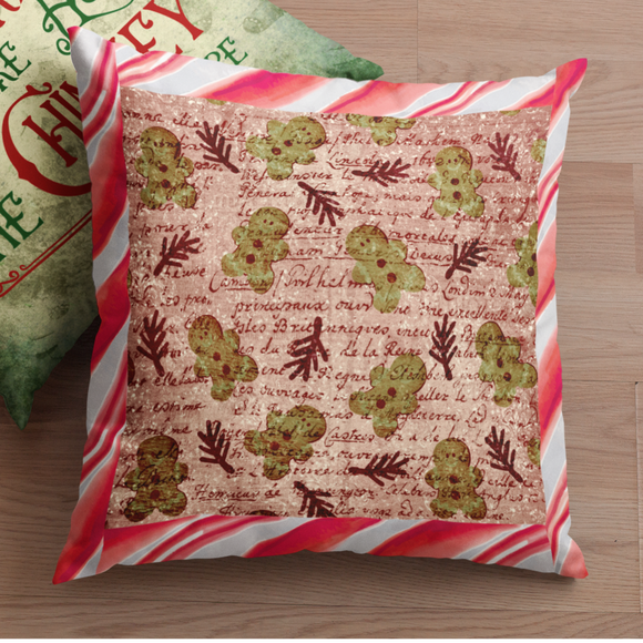 Christmas Pillow/ Vintage Gingerbread Cookie Pattern With Watercolor Candy Cane Stripe Border Holiday Décor