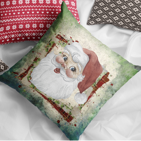 Christmas Pillow/ Vintage Old Fashion Retro Santa Claus Plaid And Holly Frame On Green Ombre Parchment Background Holiday Décor