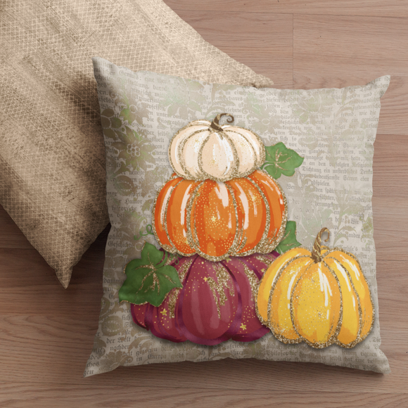Autumn Fall Pillow/ Orange, Cream, Burgundy And Yellow Pumpkins With Glitter Imaged Gold Glam Accents Floral Decor
