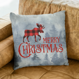 Christmas Pillow/ Red, Black Buffalo Plaid Moose Merry Christmas Watercolor Winter Forest Holiday Décor