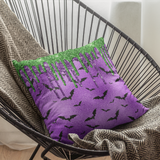 Halloween Throw Pillow/ Purple Glam Imaged Foil With Black Bats Adorned With Green And Purple Glitter Imaged Drips Decor