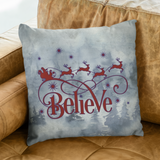 Christmas Pillow/ Believe Vintage Old Fashion Red Santa Claus Sleigh And Flying Reindeer Watercolor Blue Forest Background Holiday Décor