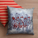 Christmas Pillow/ Believe Vintage Old Fashion Red Santa Claus Sleigh And Flying Reindeer Watercolor Blue Forest Background Holiday Décor