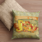 Autumn Fall Pillow/ Watercolor Umbrella, Rain Boots With Orange Leaves On Gold Vintage Journal Background Decor